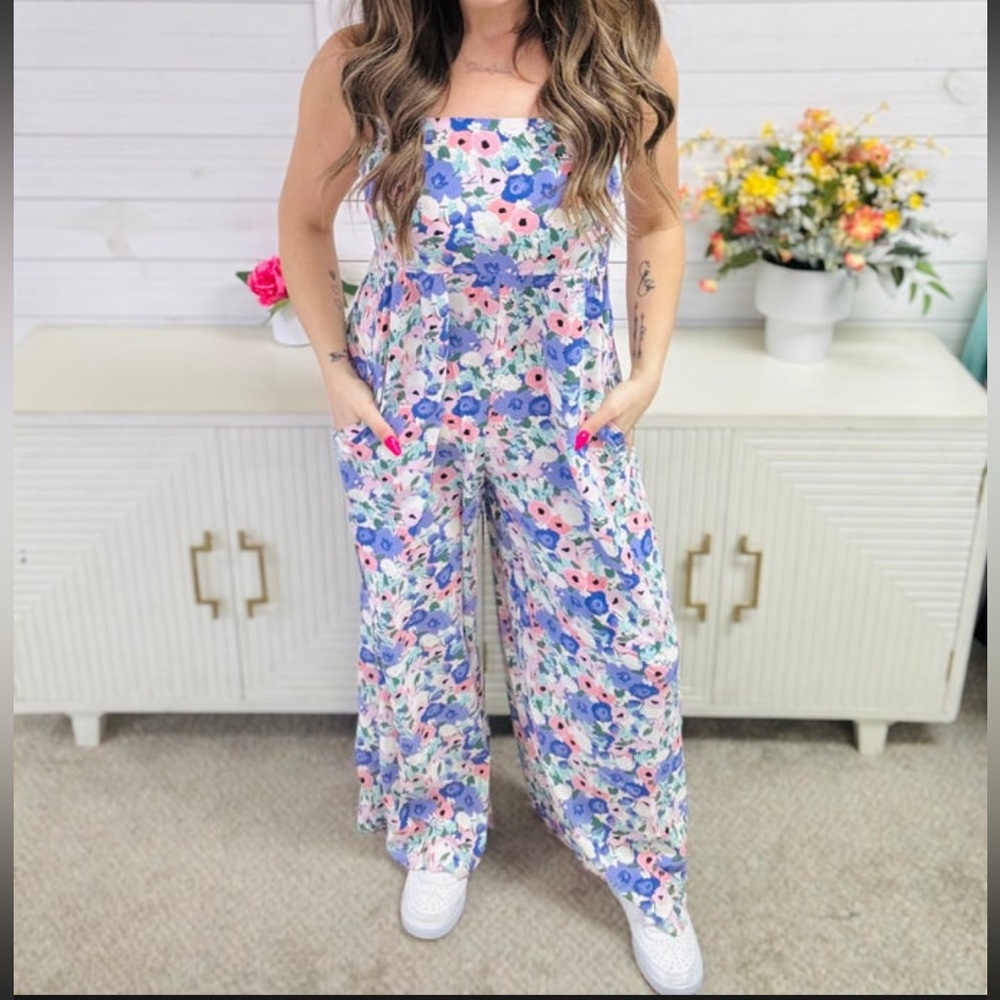 New Kori Floral Print Ruffle Straps with Back Tie Jumpsuit in Lavender Size XL